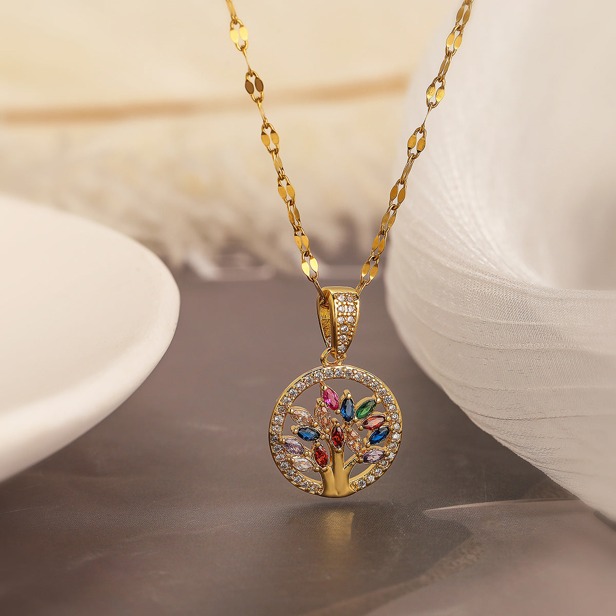 Minimalist Geometric Tree of Life Pendant Necklace for Women in Brass with Real Gold Plating and Zircon Inlay
