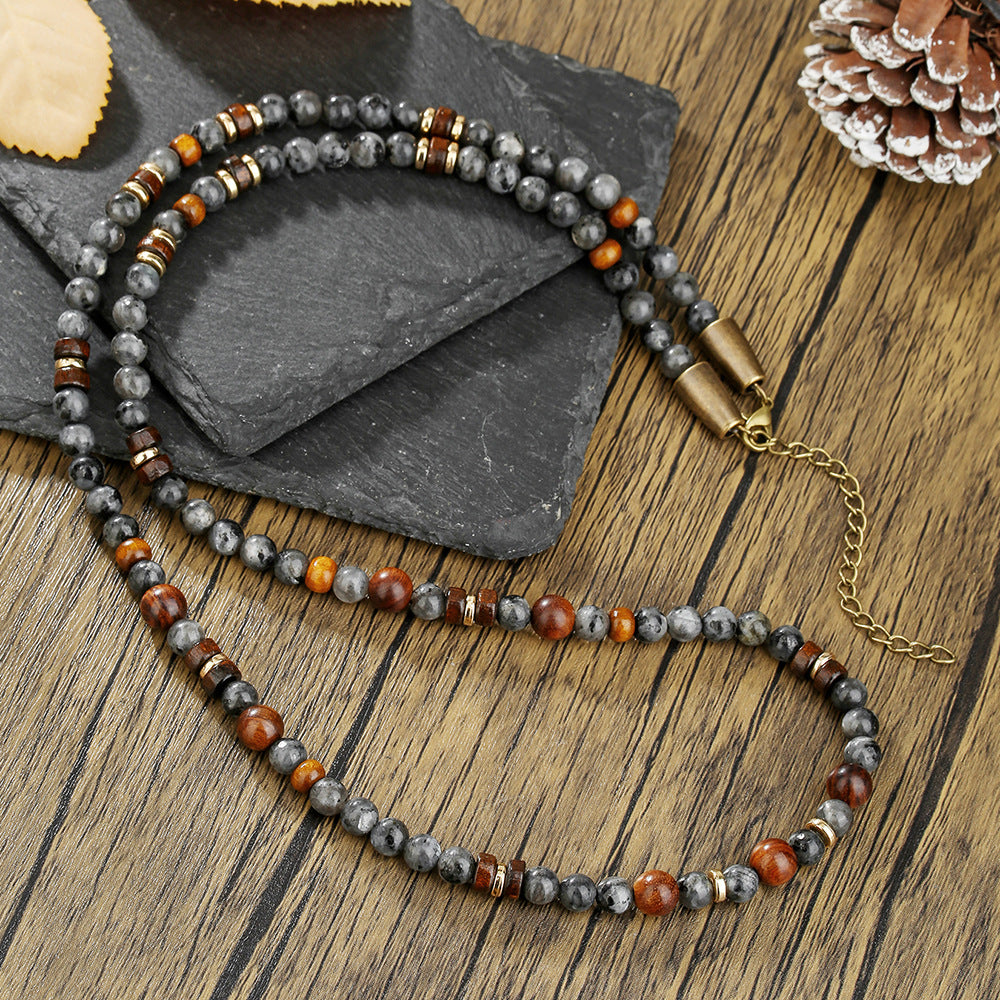 Casual Geometric Wood Beaded Tiger Eye Stone Necklace with Alloy Pendant for Men