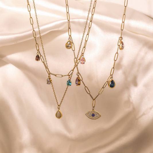 Minimalist Geometric Teardrop Evil Eye Pendant Necklace for Women in Titanium Steel with Zircon Inlay
