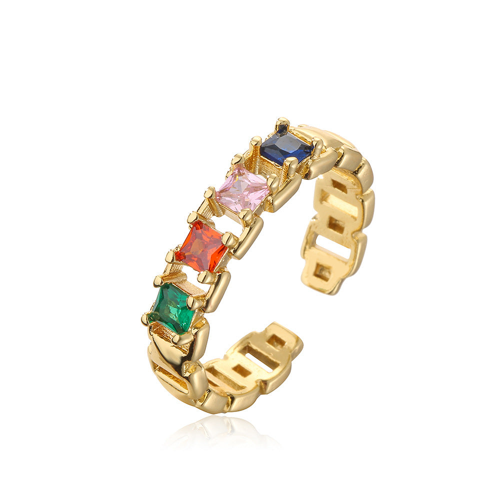 Anello Aperto Geometrico Minimalista da Donna in Rame con Placcatura in Oro e Intarsio di Zirconi Arcobaleno