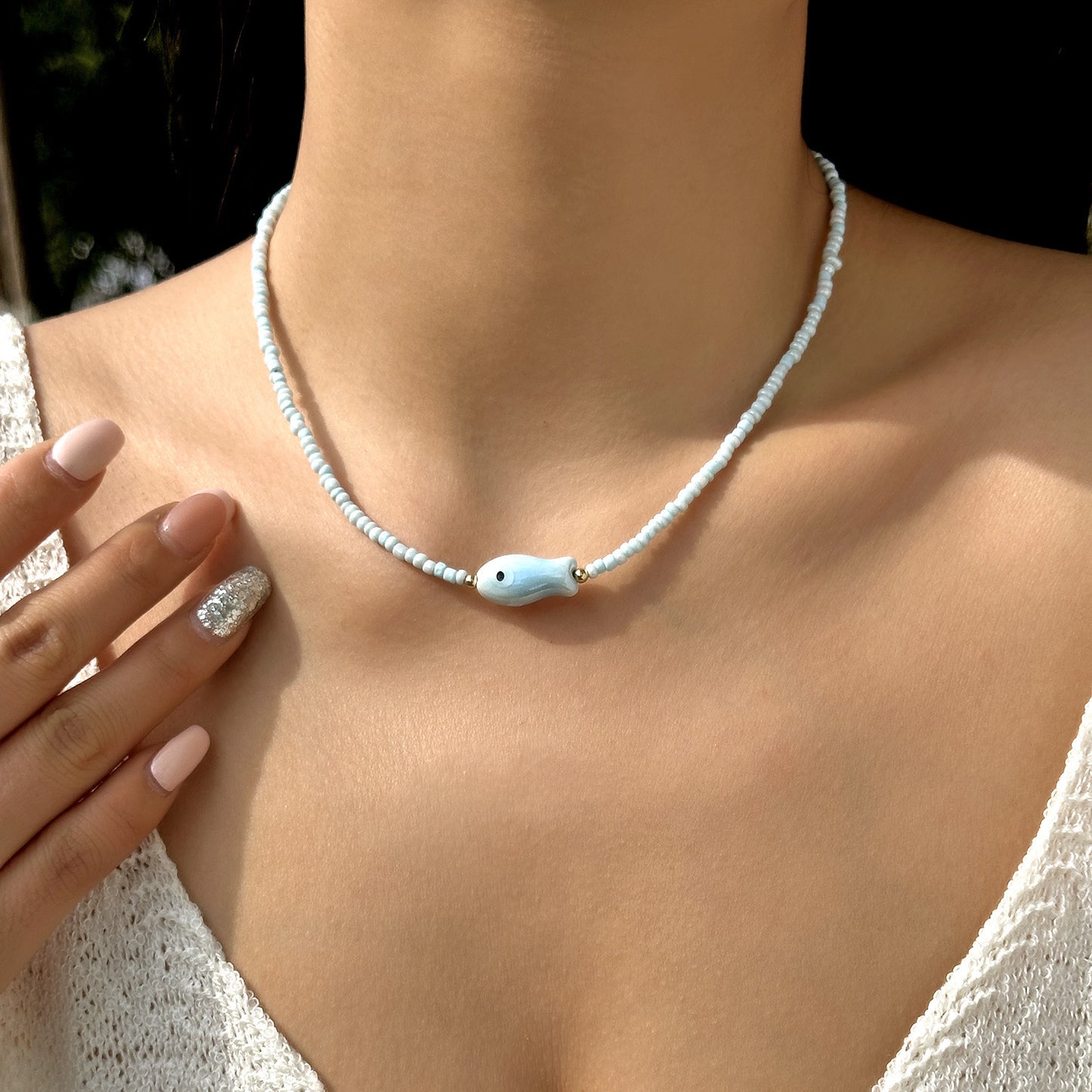 Bohemian Sweet Geometric Ceramic Resin Fish Starfish Turquoise Tassel Beaded Necklace for Women