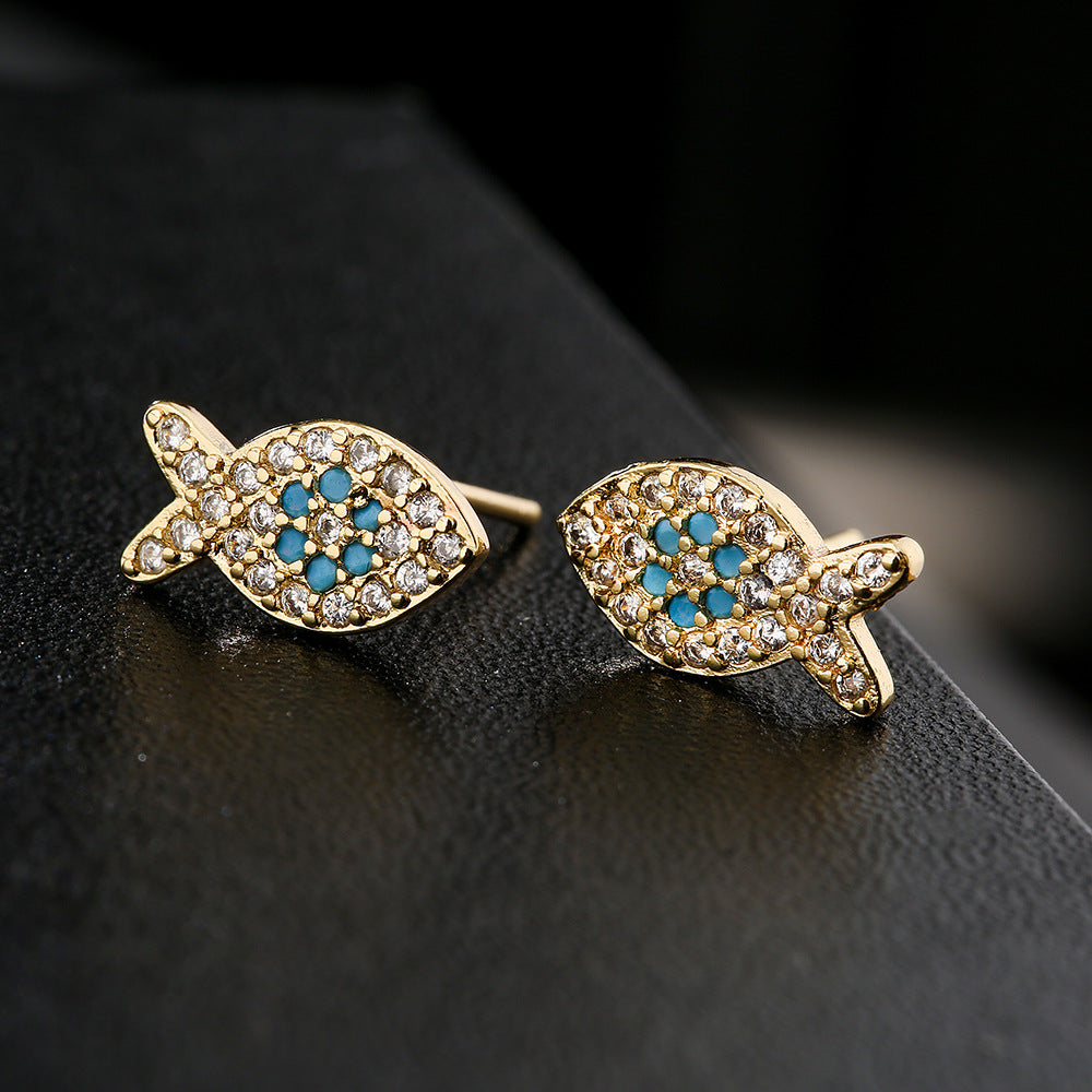Cute Minimalist Geometric Fish-Shaped Copper Earrings with 18K Gold Plating and Zircon Inlay
