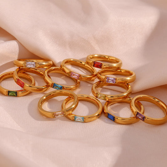 Minimalist Geometric Stainless Steel Ring with 18K Gold Plating and Rectangular Zircon Birthstone for Women