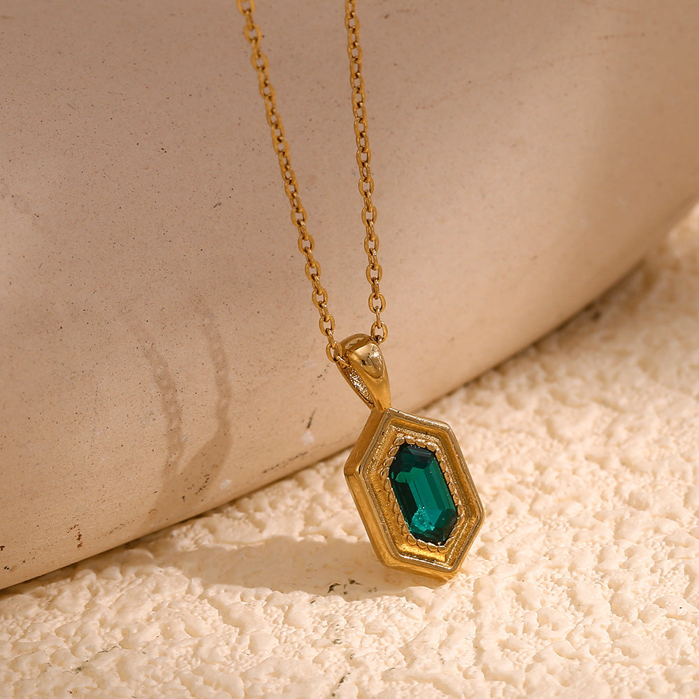 Minimalist Hexagonal Green Rhinestone Pendant Necklace for Women in Stainless Steel with 18K Gold Plating