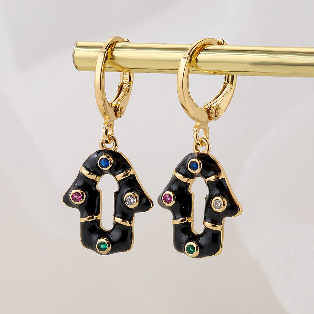 Orecchini bohémien geometrici da donna con base in rame placcata in oro 18K e zirconia incastonata con smalto