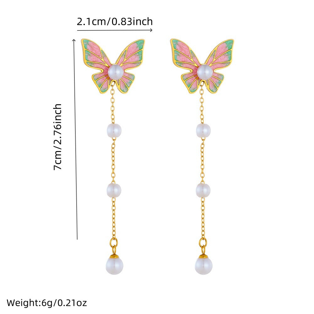 Sweet and Cute Butterfly-Shaped Stainless Steel Earrings with Pearl Dangle, Gradient Enamel Finish, and Polished Surface