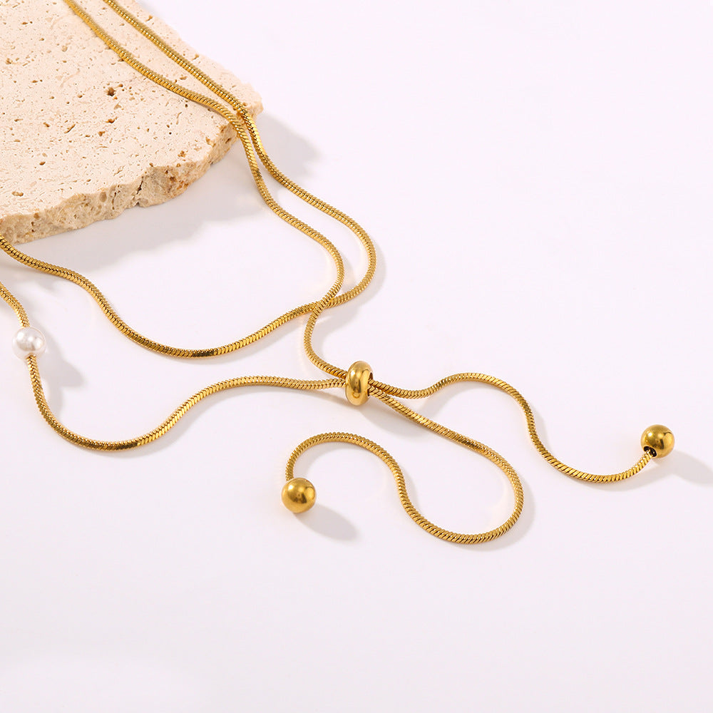 Minimalist Double-Layer Stainless Steel Necklace with 18K Gold-Plated Round Pendant and Adjustable Pearl Accent on O-Chain