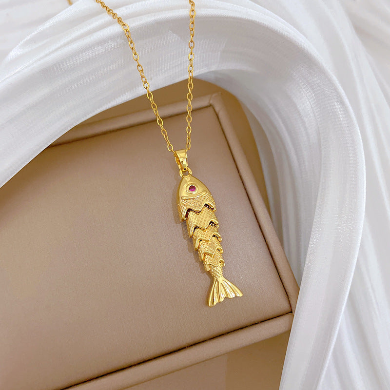 Sweet Luxury Geometric Rhinestone Koi Fish Pendant Titanium Steel Necklace for Unisex