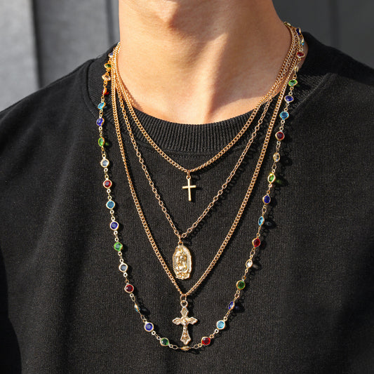 Colorful Rhinestone Cross Geometric Pendant Necklace Set with Cable Chain