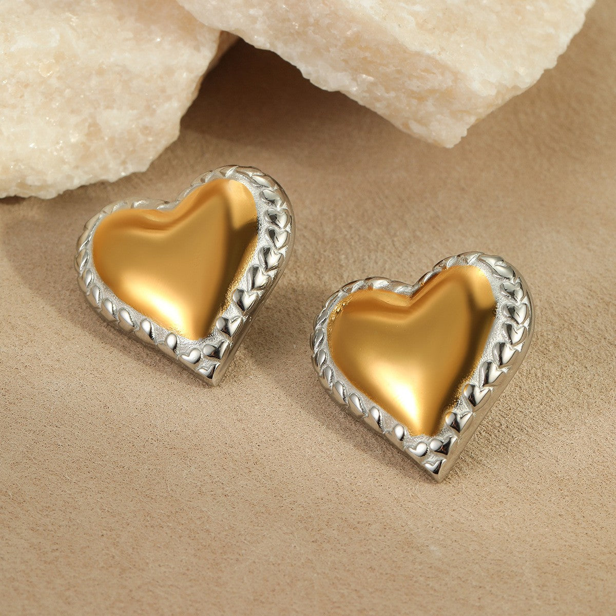 Fashionable Heart-Shaped Stainless Steel Earrings with Color-Blocking Design for Women