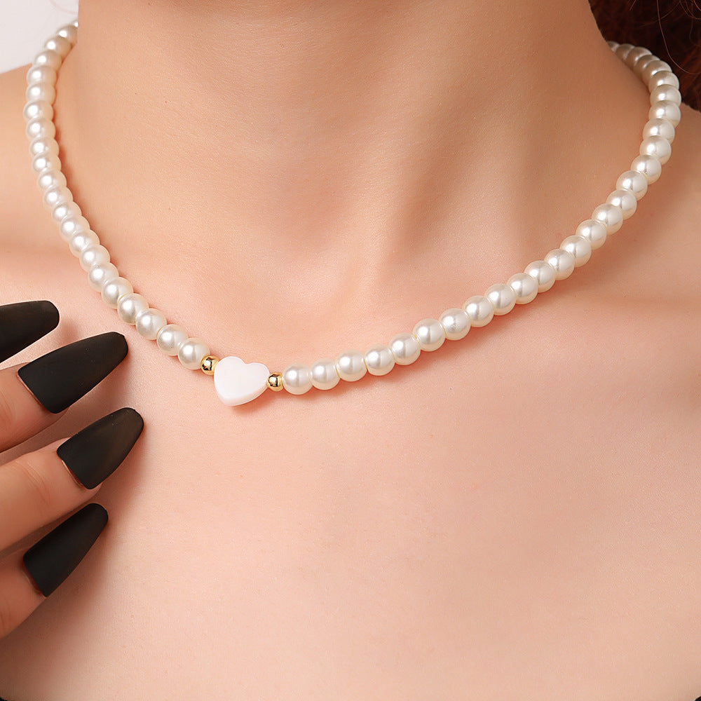 Vintage Sweet Heart Alloy Simulated Pearl Necklace Snake Chain