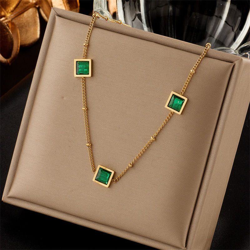 Minimalist Elegant Green Cubic Zirconia Geometric Titanium Steel Necklace for Women