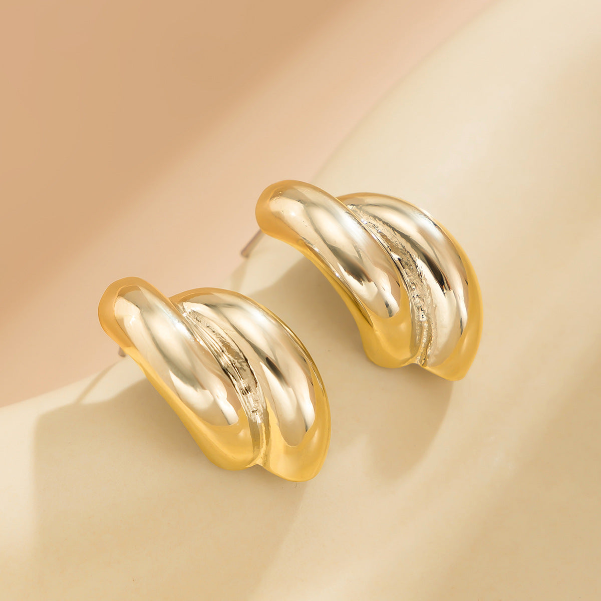 Minimalist Geometric Alloy Stud Earrings for Women with Polished Finish and C-Shaped Hoop Design