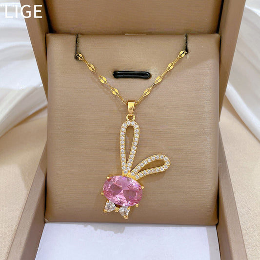 Sweet Cartoon Rabbit Full Rhinestone Pendant Necklace Titanium Steel Cable Chain for Women and Men