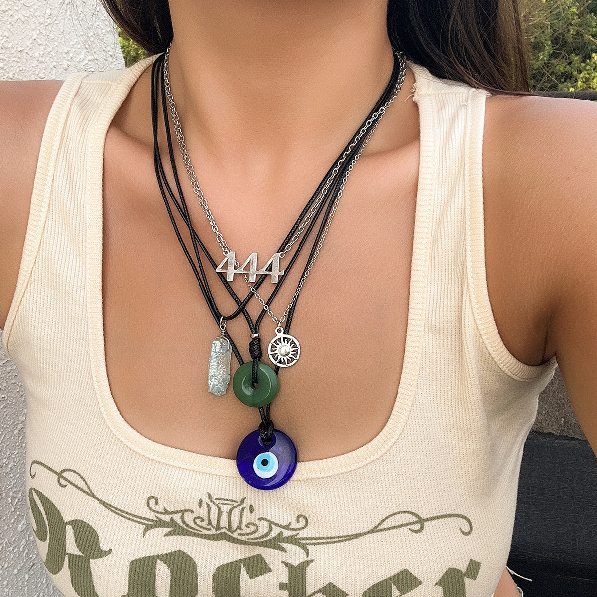 Collana Pendente Occhio di Allah Vintage Turchese da Donna con Perle in Lega e Cordino Cerato a Forma Geometrica