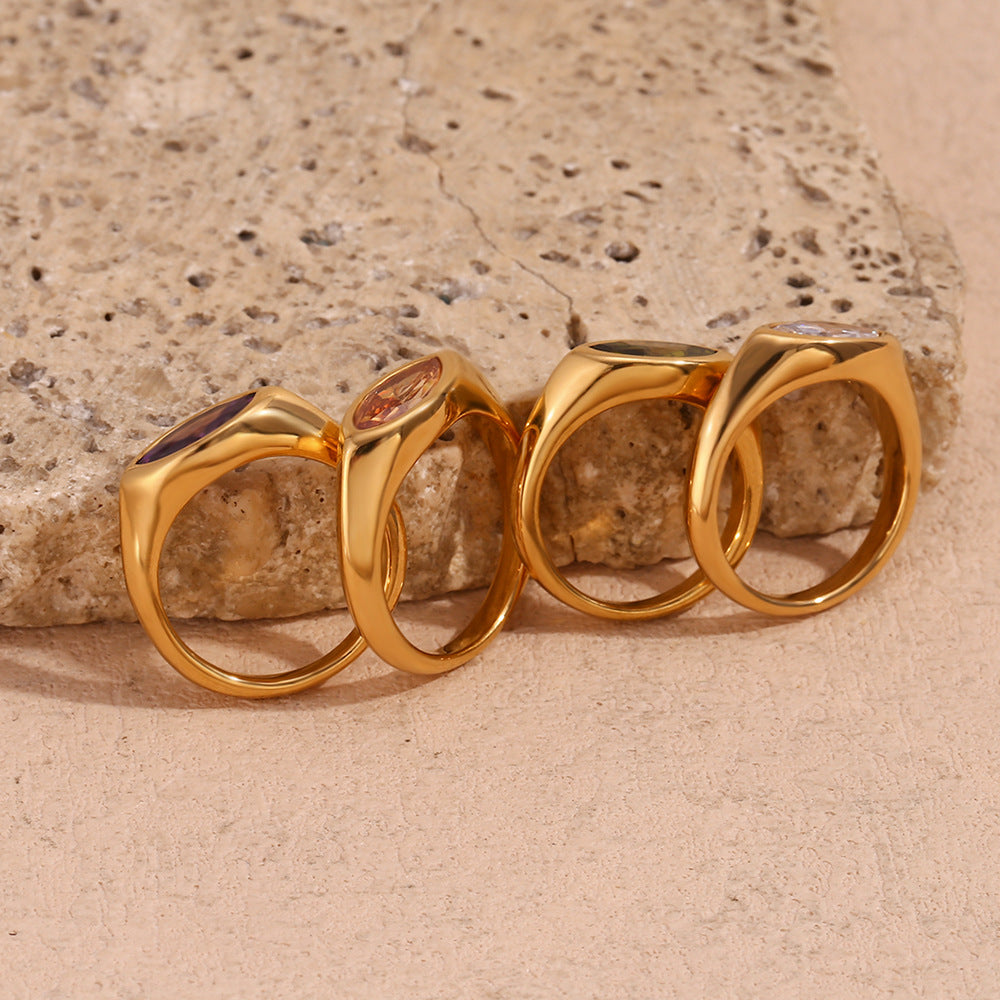 Anillo de Acero Inoxidable Geométrico Minimalista con Baño de Oro de 18K y Piedra de Zirconia Marquesa para Mujer