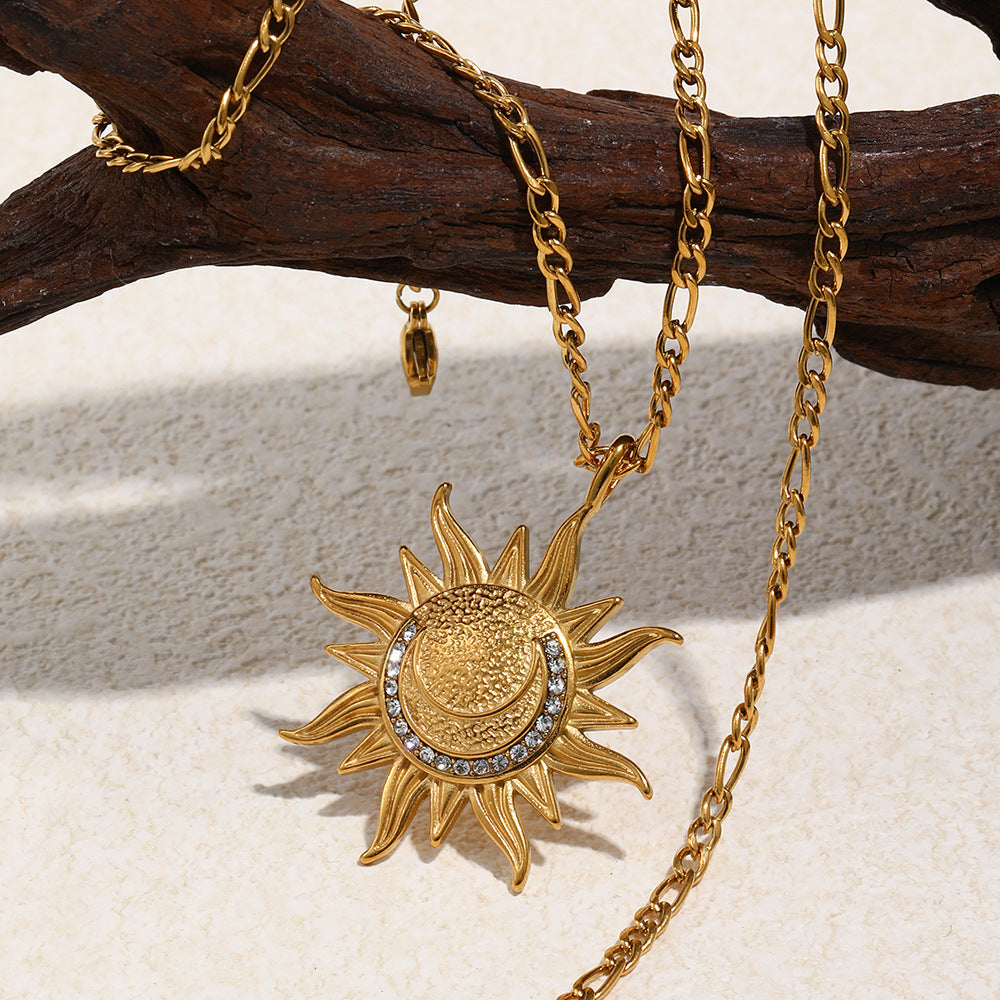 Minimalist Geometric Sun Pendant Necklace in Stainless Steel with 18K Gold Plating on Figaro Chain for Women