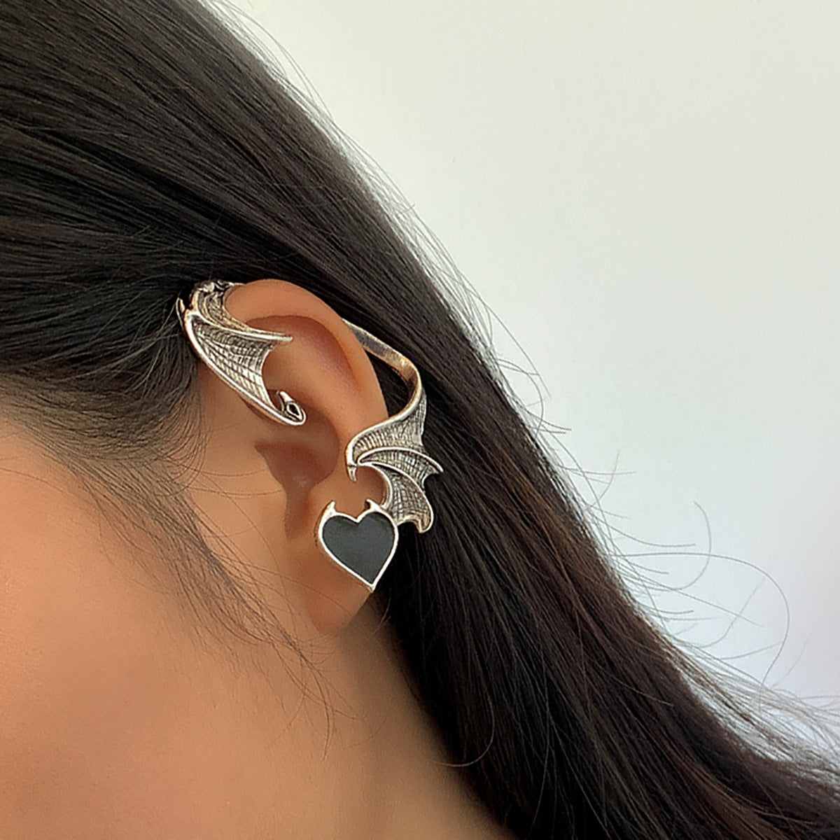 Dark Academia Heart-Shaped Alloy Stud Earrings with Wing Motif and Polished Plated Finish for Women