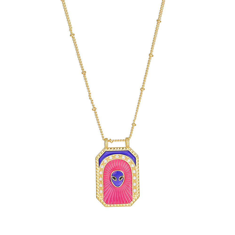 Geometric Gold Plated Brass Drip Oil Cubic Zirconia Inlay Tarot Necklace with Cable Chain