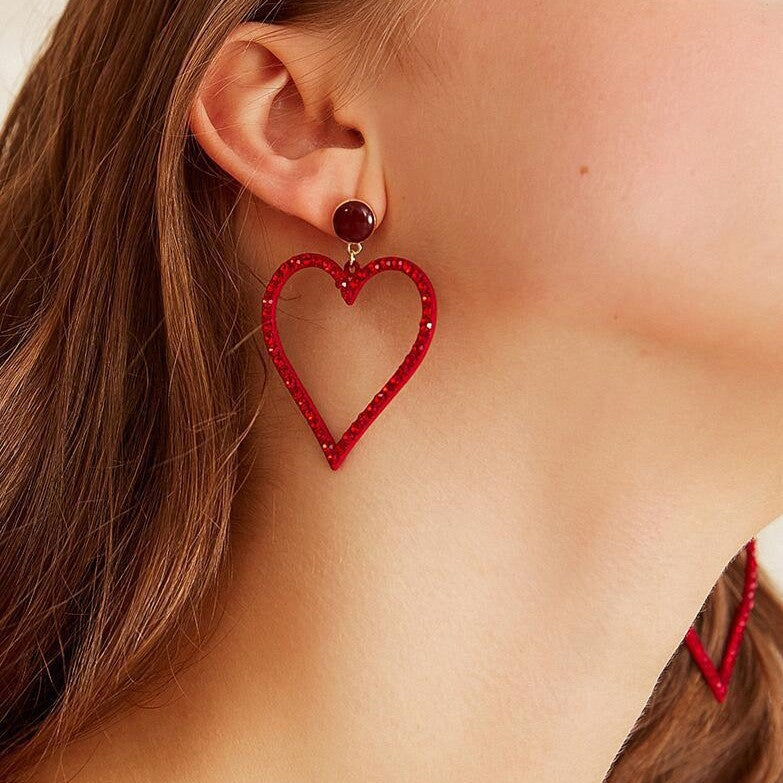 Elegant Red Hollow Heart Rhinestone Inlaid Alloy Earrings for Daily Wear