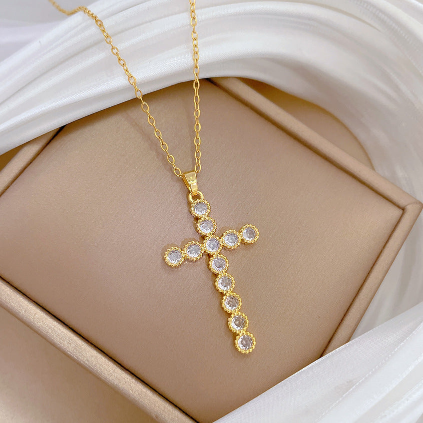 Sweet Minimalist Cross Geometric Rhinestone Plated Titanium Steel Necklace with Cable Chain for Unisex