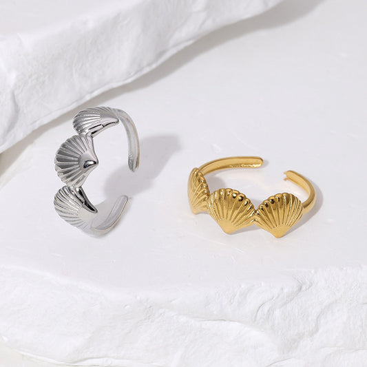 Anello da donna regolabile a fascia aperta in acciaio inossidabile placcato a forma di conchiglia, stile minimalista