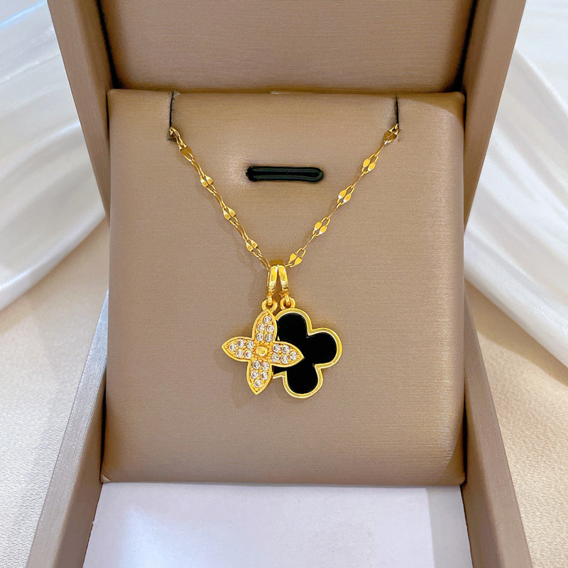 Luxury Minimalist Sweet Geometric Titanium Steel Stainless Steel Necklace with Rhinestone Inlay for Women