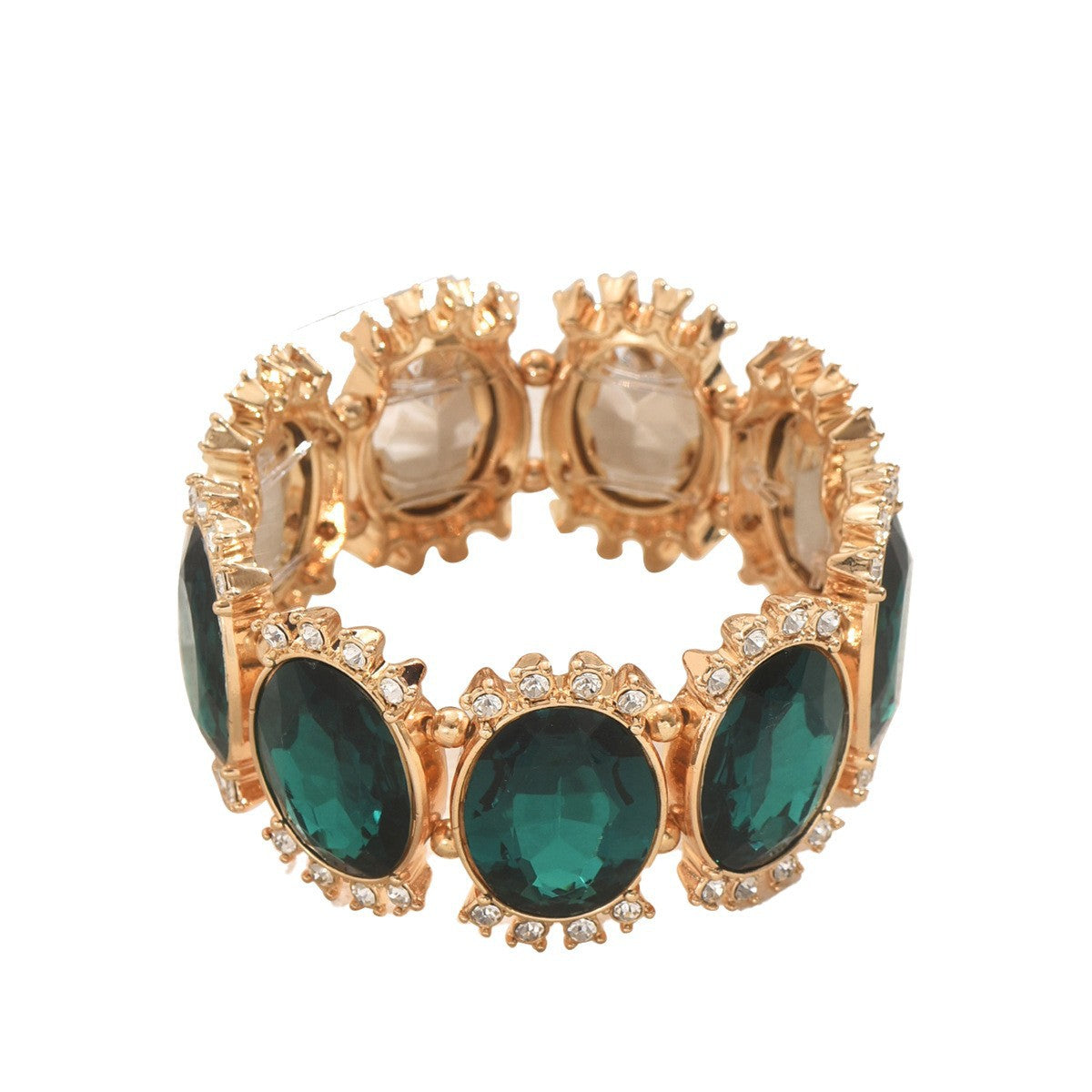 Bracciale a Polsino Geometrico di Tendenza da Donna Realizzato in Lega di Zinco con Strass Intarsiati a Smeraldo e Finitura Lucida