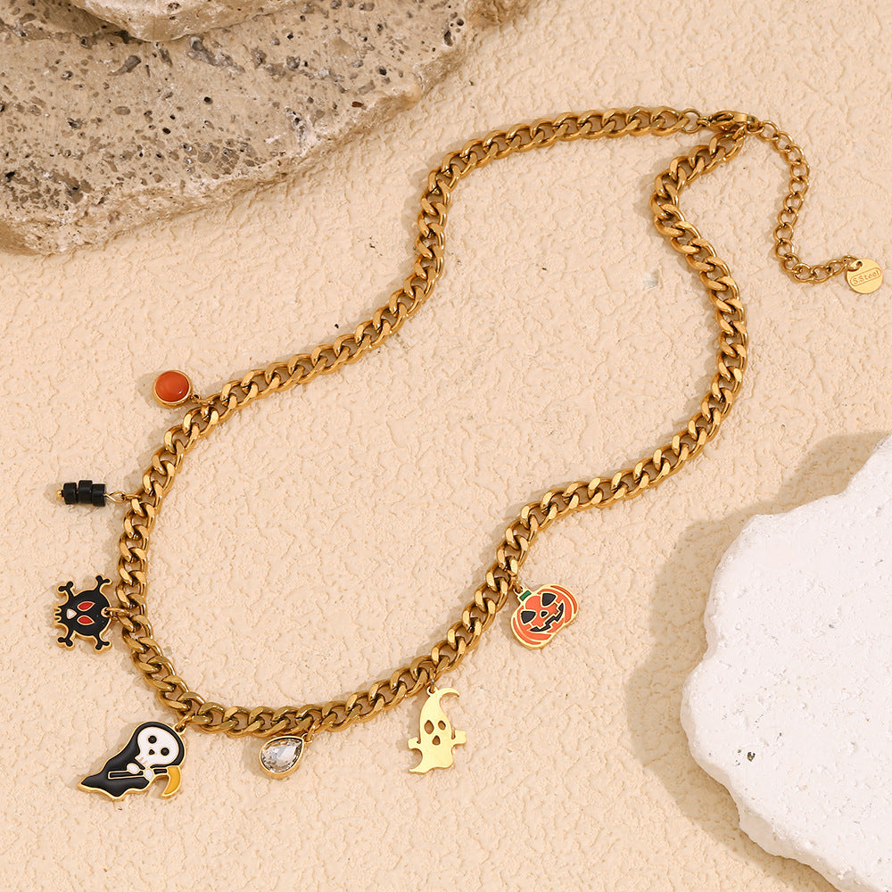 Creative Ghost Pendant Necklace for Women Stainless Steel with 18K Gold Plating Halloween-Themed Cartoon Design on Cuban Chain