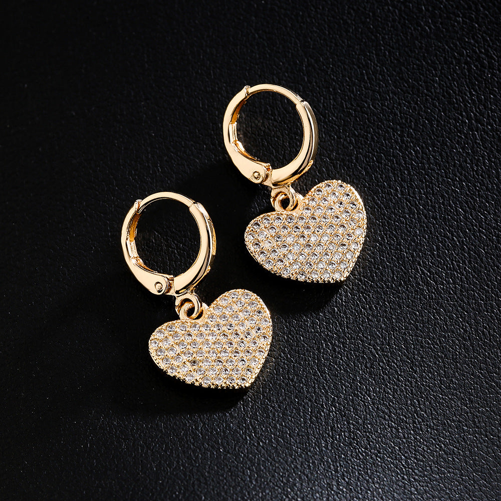 Minimalist Heart-Shaped Copper Earrings with 18K Gold Plating and Zircon Inlay