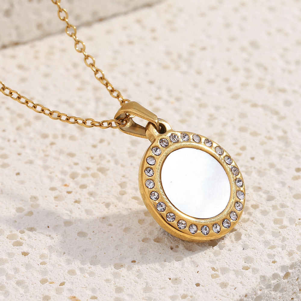 Elegant Geometric Stainless Steel 18K Gold Plated Shell Pendant Necklace with Rhinestones for Women