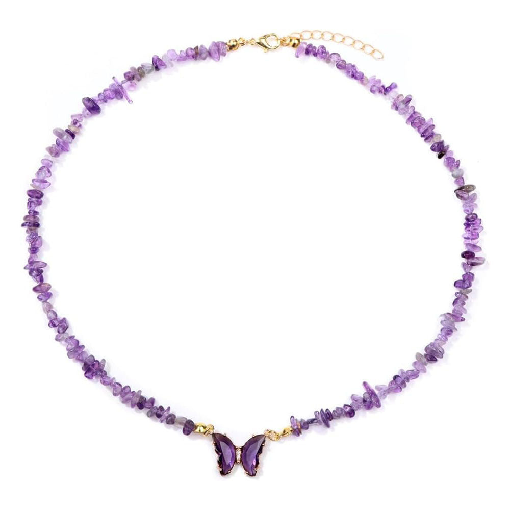 Butterfly Brass Necklace with Cubic Zirconia and Crystal Pendant Cable Chain Unisex