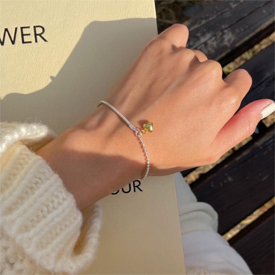 Minimalist Geometric Heart-Shaped S925 Sterling Silver Bracelet with Color-Contrast Beads