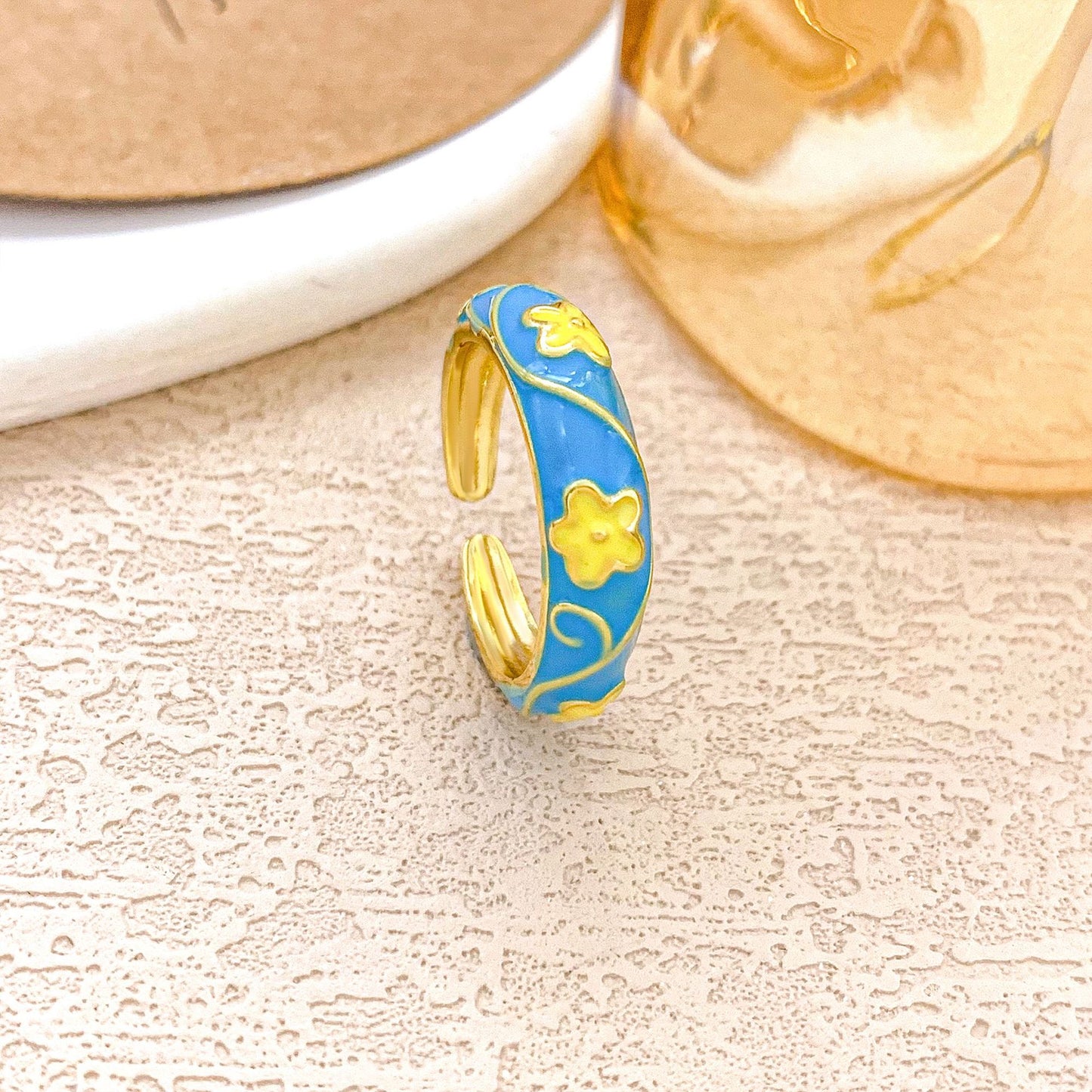 Sweet Floral Enamel Plated Alloy Ring for Women