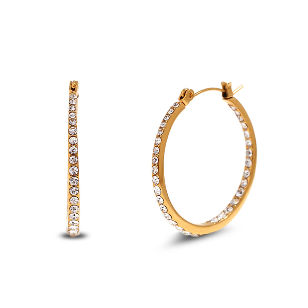 Minimalist Geometric Stainless Steel Earrings with 18K Gold Plating and White Rhinestone Inlay for Women