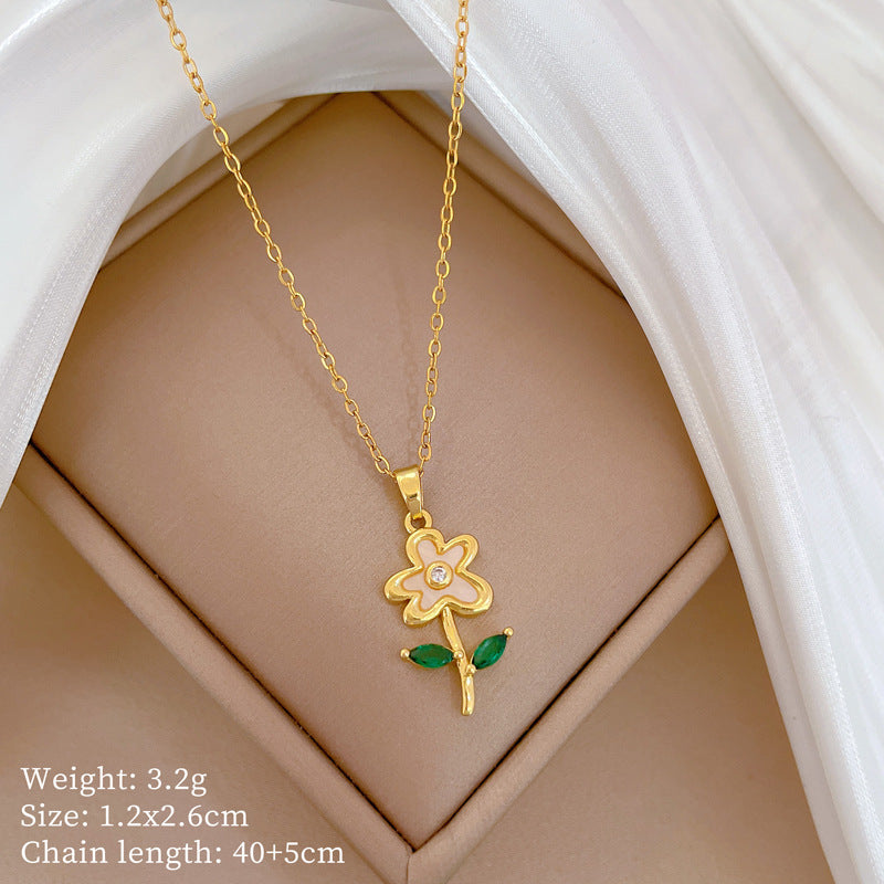 Collar con Colgante de Hoja, Concha y Flor de Acero Titanio de Lujo para Mujer con Incrustaciones de Diamantes de Imitación, Diseño Geométrico, Delicada Cadena de Clavícula