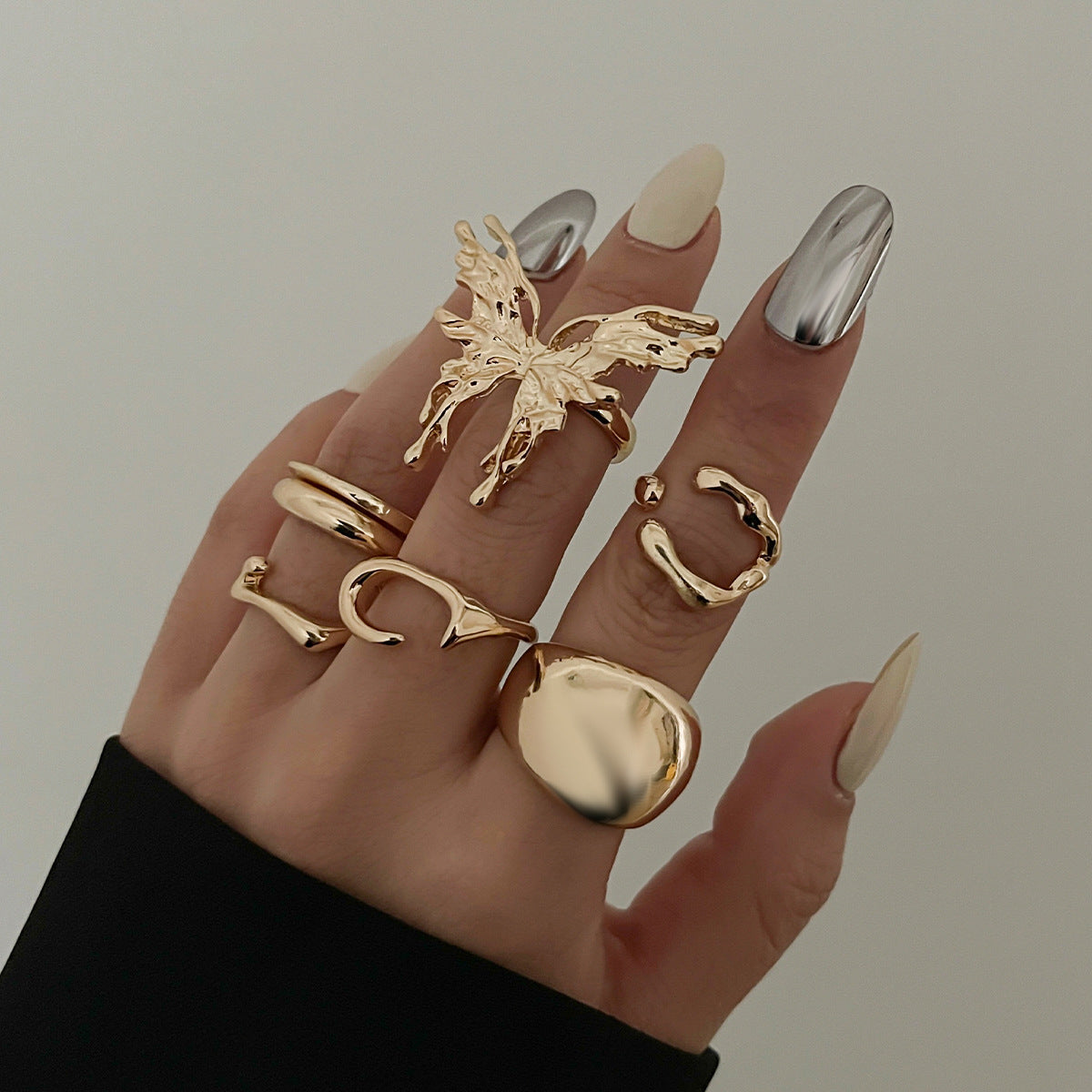 Minimalist Lava Butterfly Ring Set Geometric Animal-Shaped Open Band Stackable Metal Rings for Women