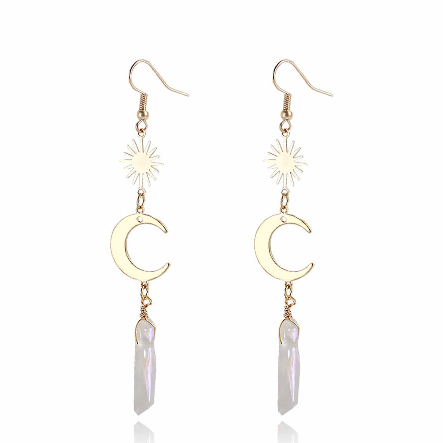 Vintage Geometric Moon-Shaped Long Tassel Earrings with Transparent Semi-Precious Stones for Women