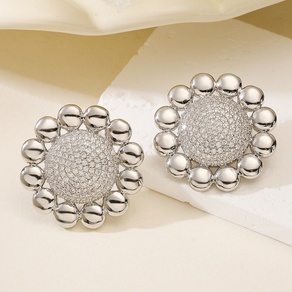Minimalist 18K Gold Plated Brass Geometric Cubic Zirconia Sunflower Stud Earrings for Women