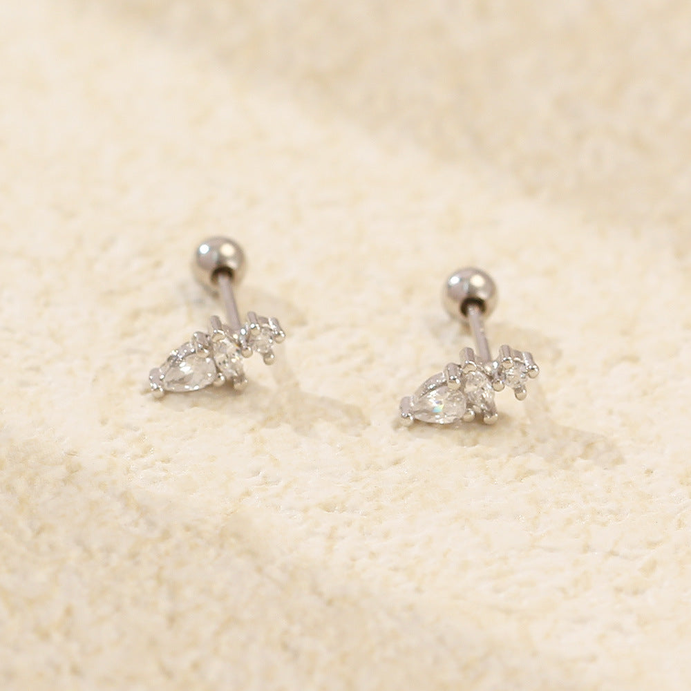 Sweet and Edgy Water-Drop-Shaped S925 Sterling Silver Threaded Cartilage Earrings with Rhinestone Inlay for Women