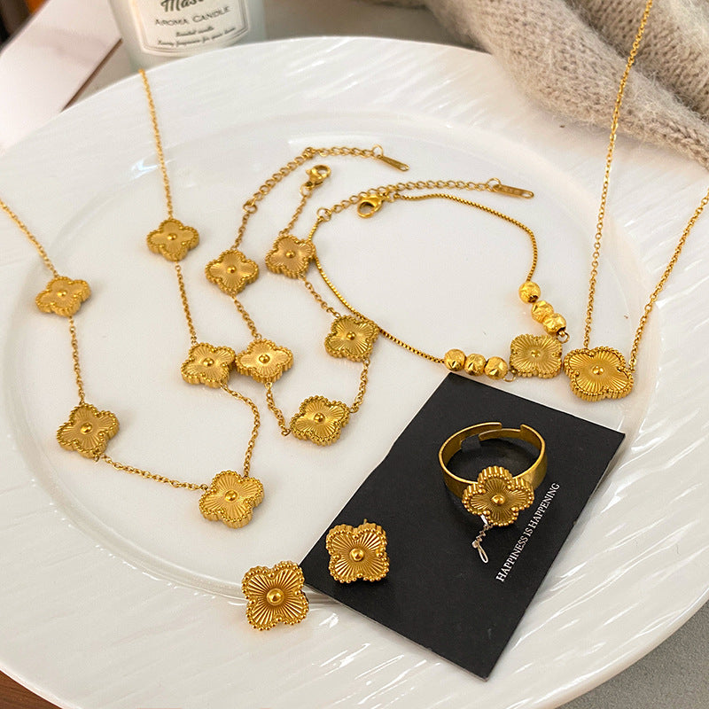 Laser Four-Leaf Clover Titanium Steel Plated Necklace Set Unisex
