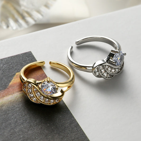 Minimalist Geometric Wing-Shaped Copper Ring with Micro-Pavé Zirconia for Women