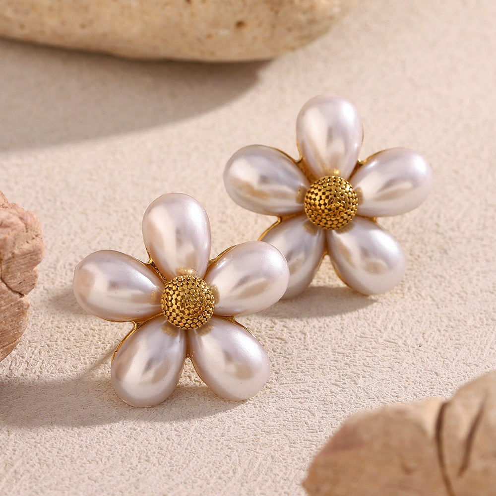 Elegant Floral Stainless Steel Earrings with 18K Gold Plating and Simulated Pearl Accents for Women