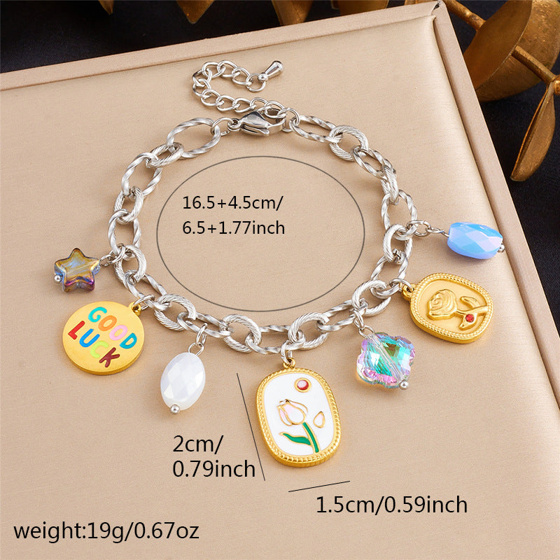 Fashion Elegant Drip Oil Plated Stainless Steel Bracelet with Tulip Moon Star Heart Floral Geometric Charms for Women