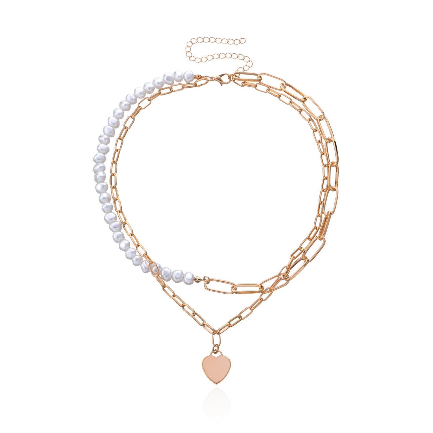 Fashion Polished Heart Pendant Necklace for Women Alloy Double Layer Chunky Chain