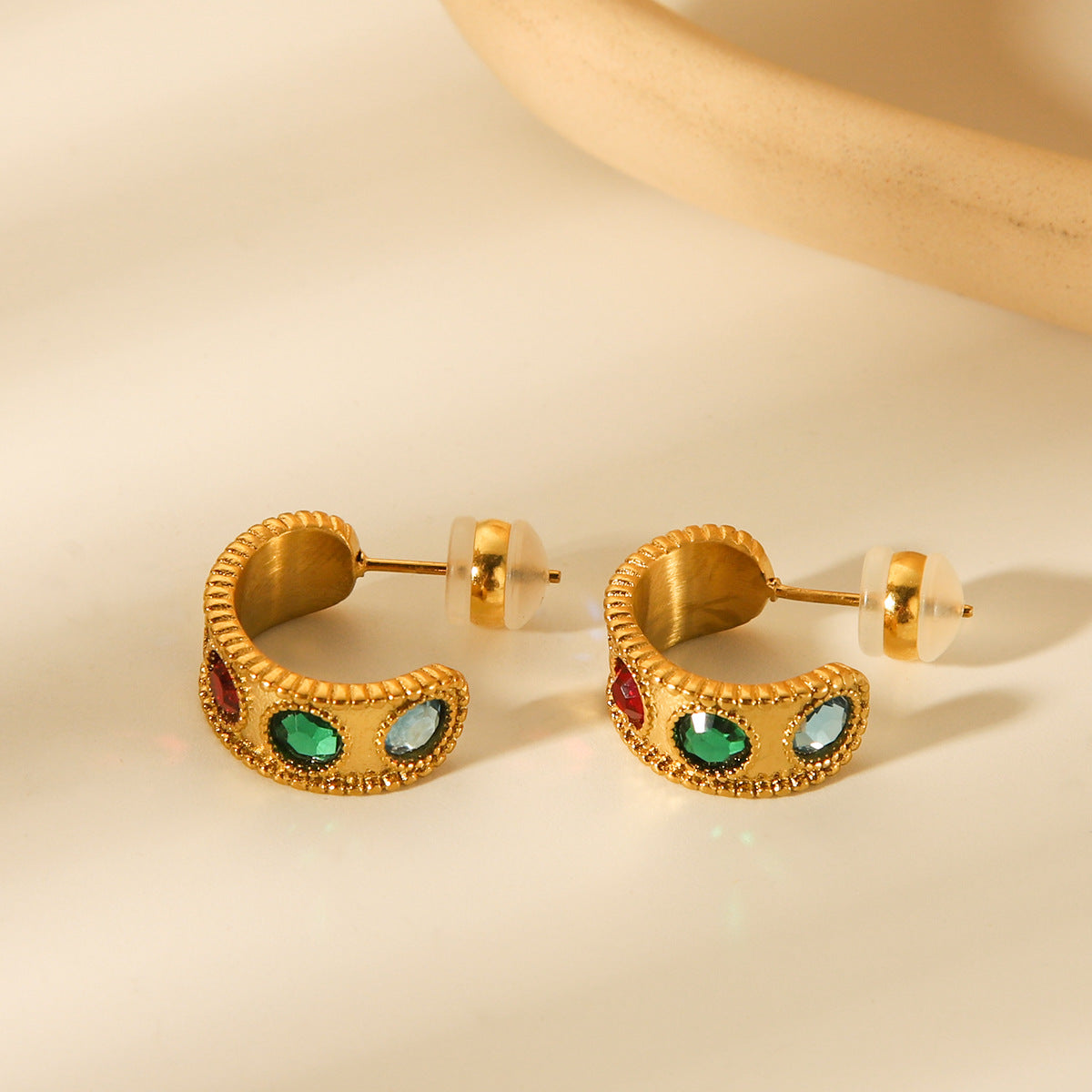 Minimalist Geometric C-Shaped Stainless Steel Earrings with Zircon Inlay Plated in 18K Gold for Women