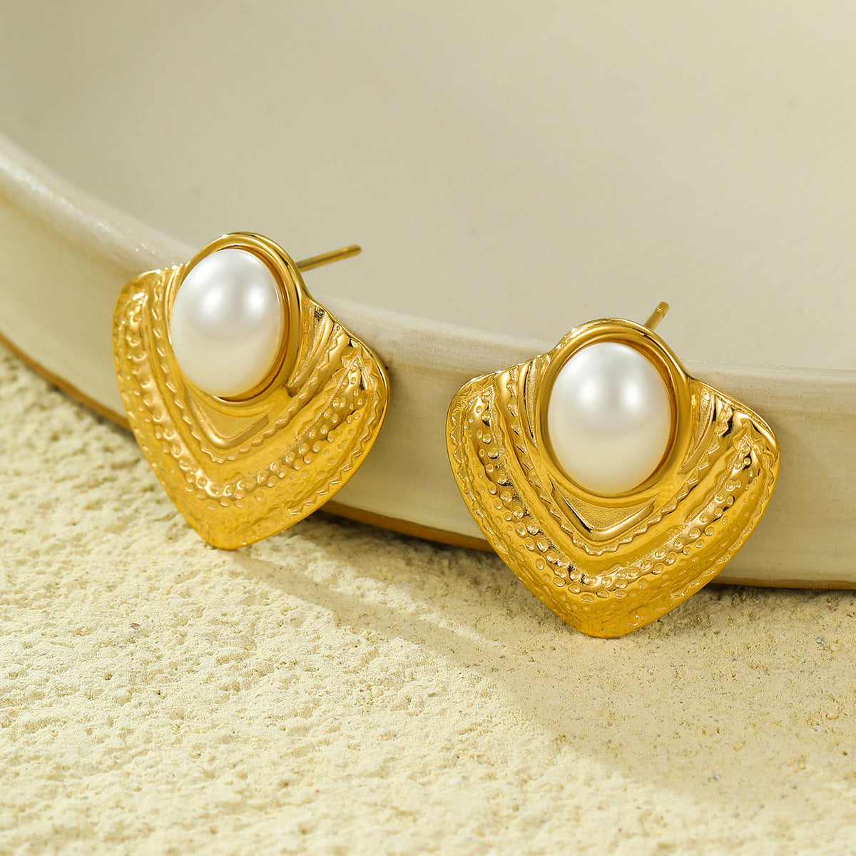 Pendientes Vintage Geométricos de Acero Inoxidable con Textura Perla y Baño de Oro de 18K para Mujer