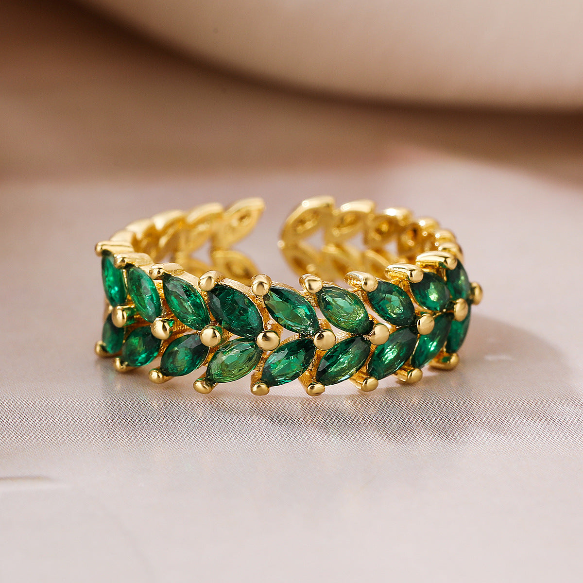 Minimalist Geometric Open-End Wheat Sheaf Ring for Women in Brass with Real Gold Plating and Zircon Inlay