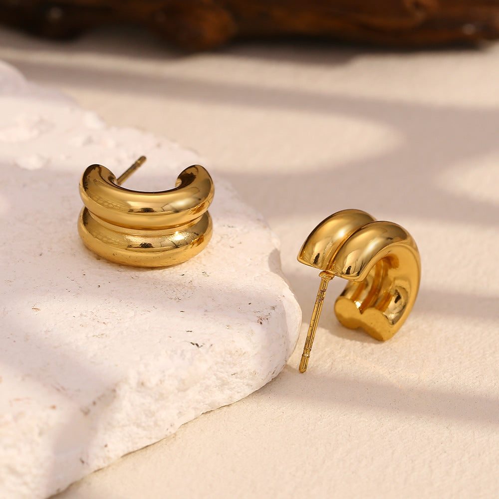 Minimalist Geometric Stainless Steel Ear Cuffs for Women with 18K Gold Plating Double-Layer Small Hoop Design