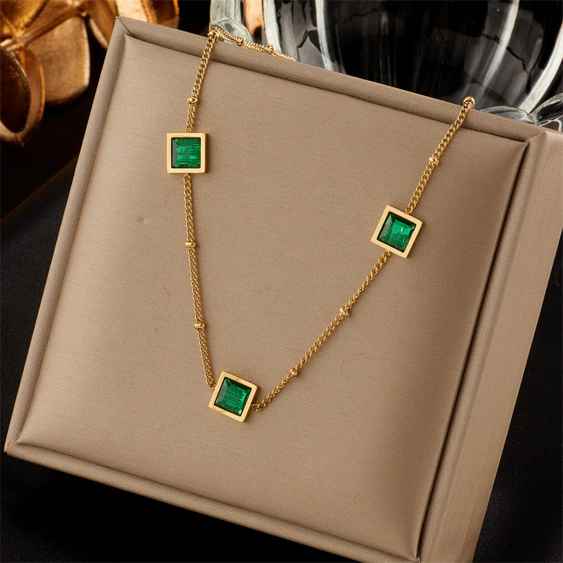 Minimalist Butterfly and Heart Shaped Stainless Steel Pendant Necklace with Rhinestone Inlay, Irregular Square Design and Fringe Chain